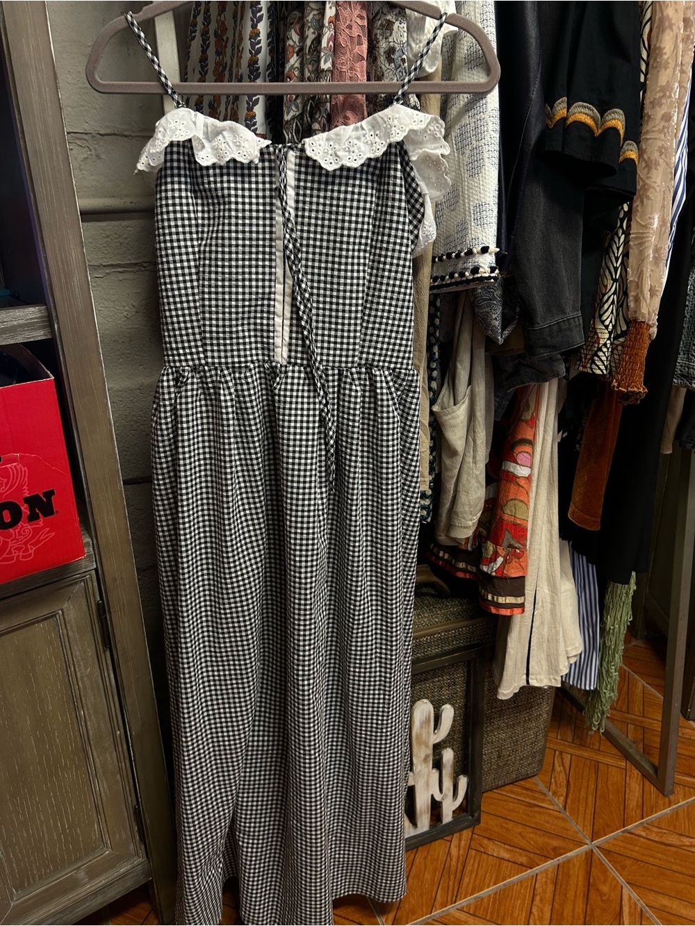 Black & White Gingham Maxi Dress with Eyelet Ruffle